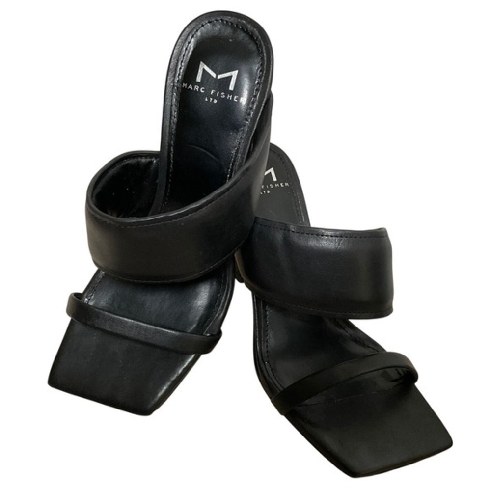 Marc Fisher LTD Black Leather Square Toe Mule Heels Flared Kitten Heel Size 5.5M